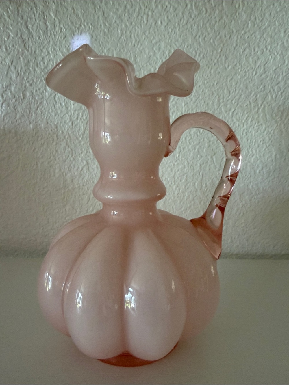 Fenton Soft Pink Ruffled Glass Pitcher
